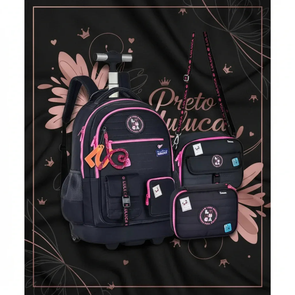 Kit Mochila de Carrinho Lancheira e Estojo Box Preto Luluca - Loja Do Thor