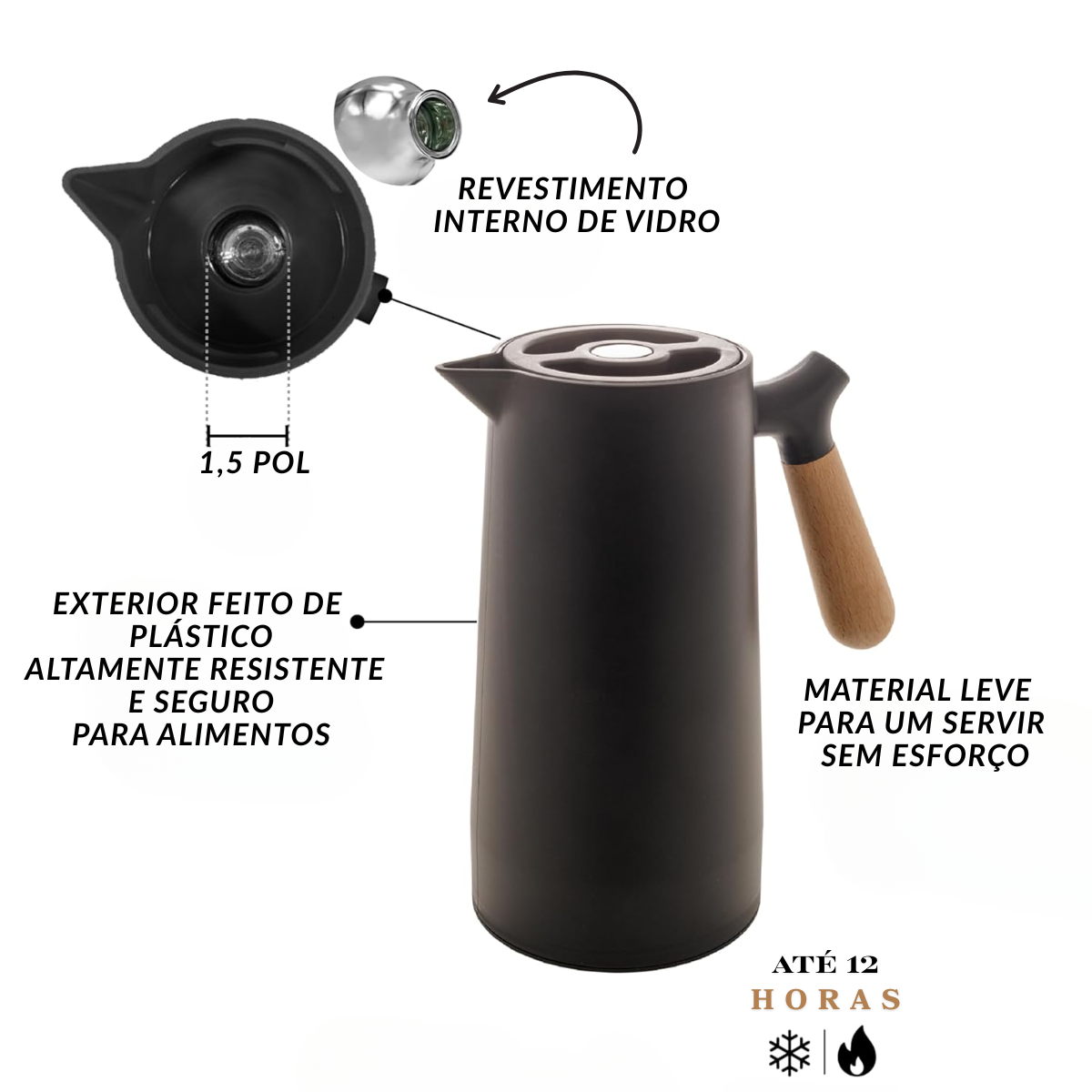 Garrafa Térmica Cabo de Madeira 1 Litro Preta - Giftutil