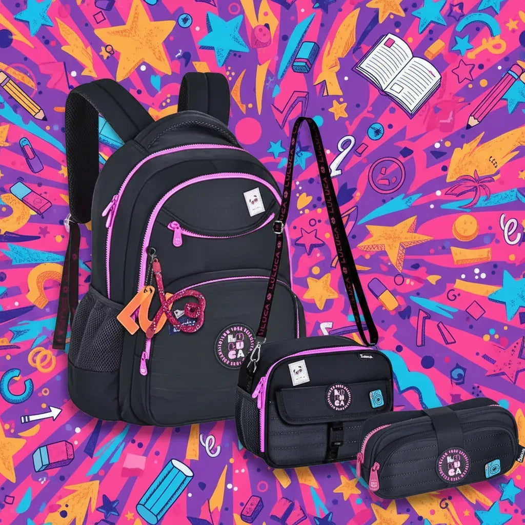 Kit Mochila Costas Lancheira e Estojo Preto Luluca - Loja Do Thor