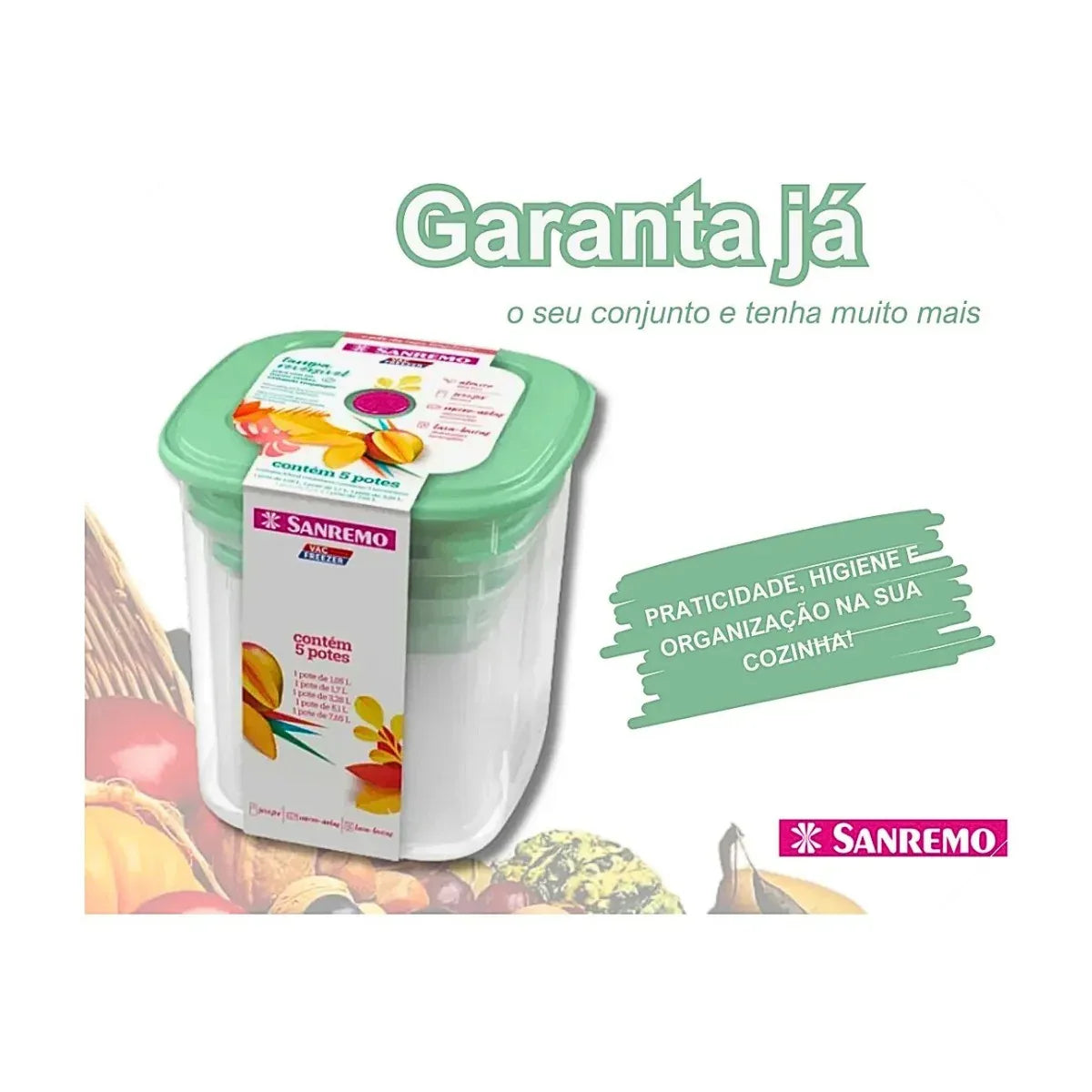 Conjunto 5 Potes Quadrados Verde Plástico Sanremo 490/2C - Loja Do Thor