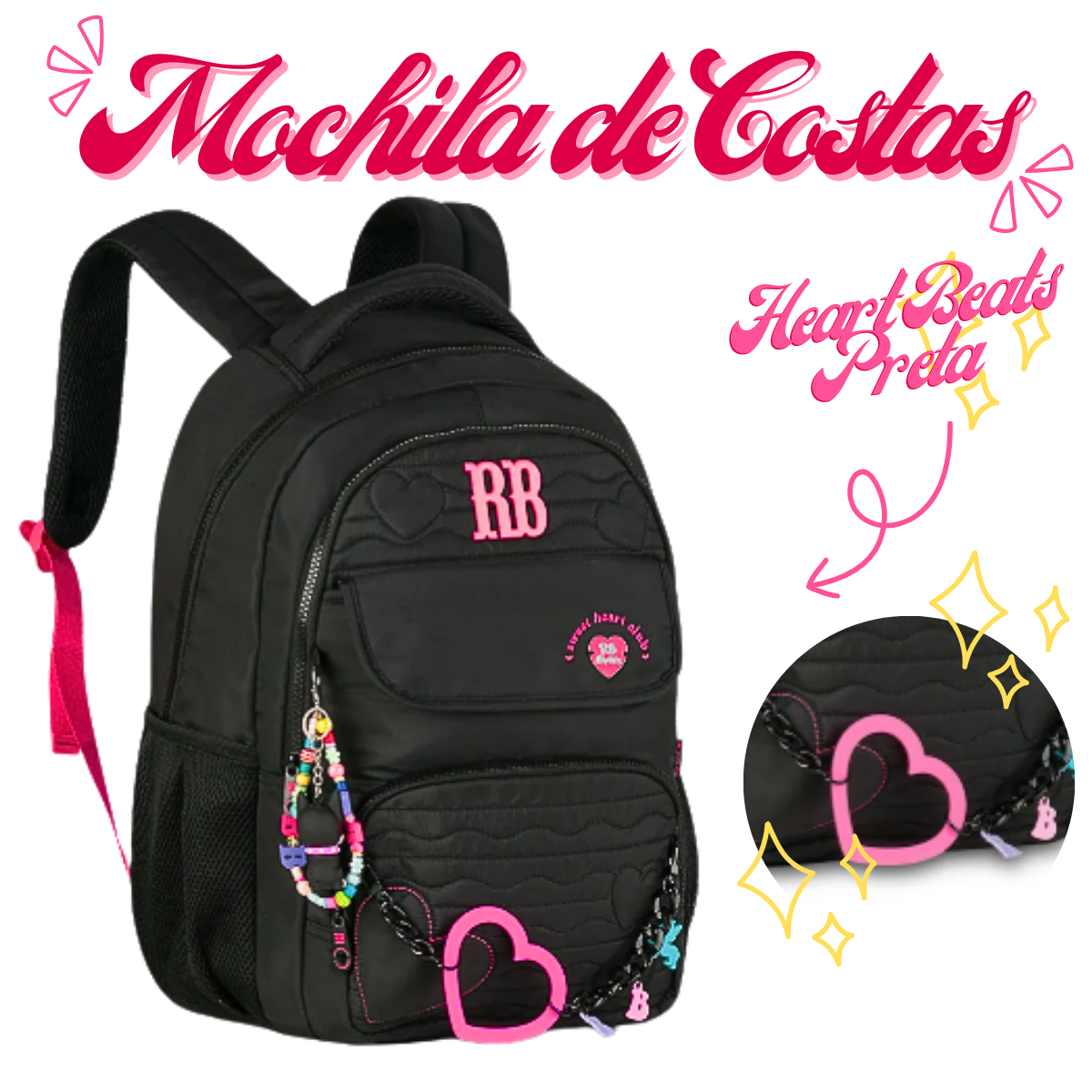 Mochila de Costas Heart Beats Preta 17,5 RB27015
