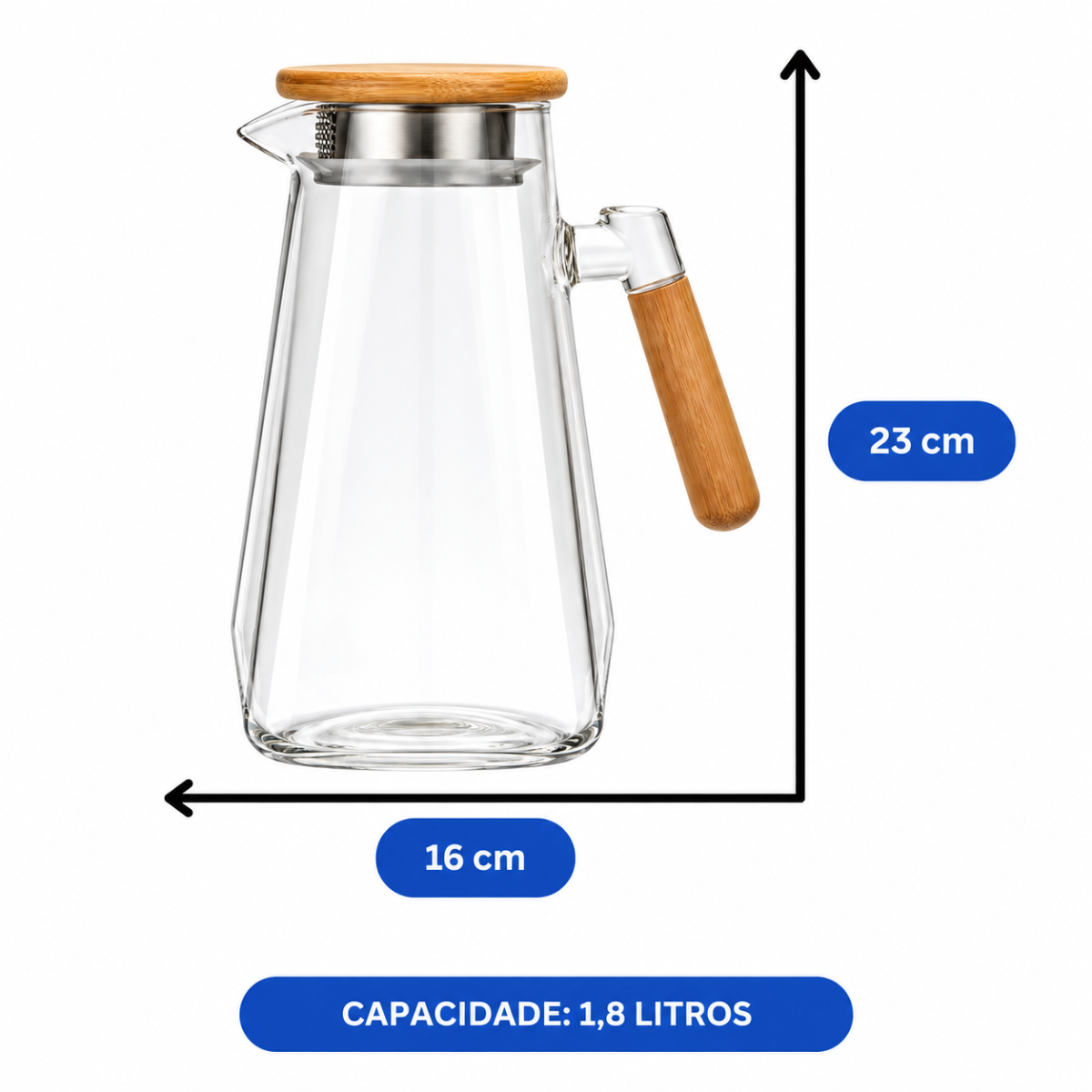 Jarra de Vidro Borossilicato 1,8 Litros com Tampa de Bambu MR1229