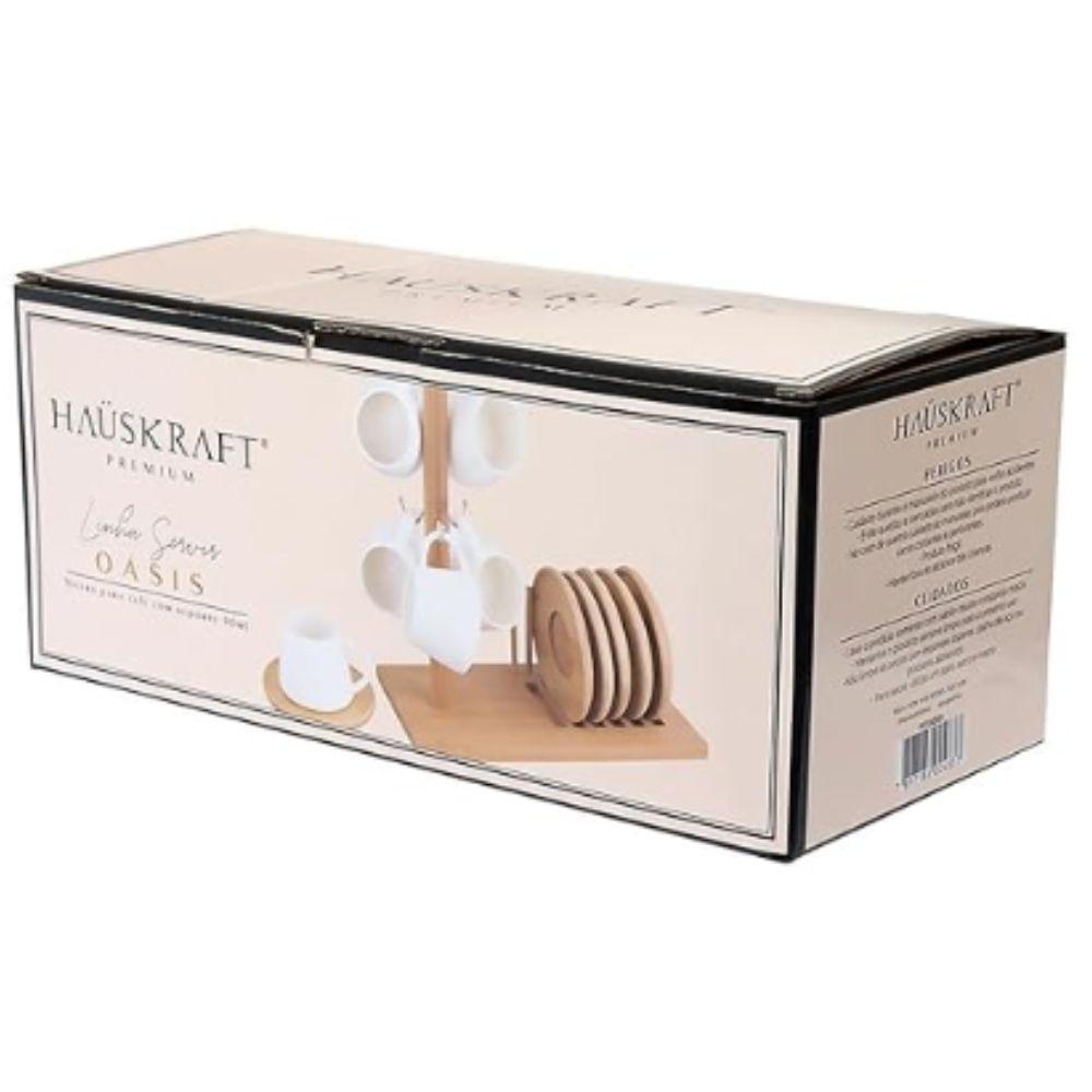 Jogo 6 Xicaras P/ café 90ml Pires e Suporte Bambu Hauskraft