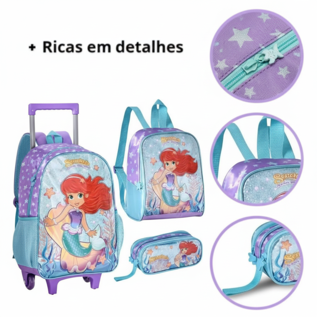 Kit Mochila Carrinho 16 Estojo e Lancheira Sereias Encantos