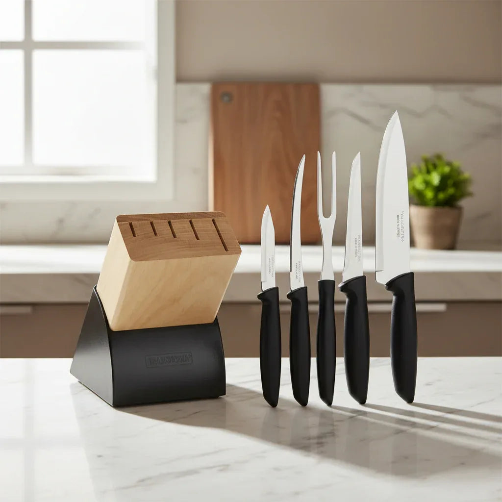 Jogo de Facas 6 Peças com Cepo Tramontina Inox Plenus Preto 23498028 - Loja Do Thor