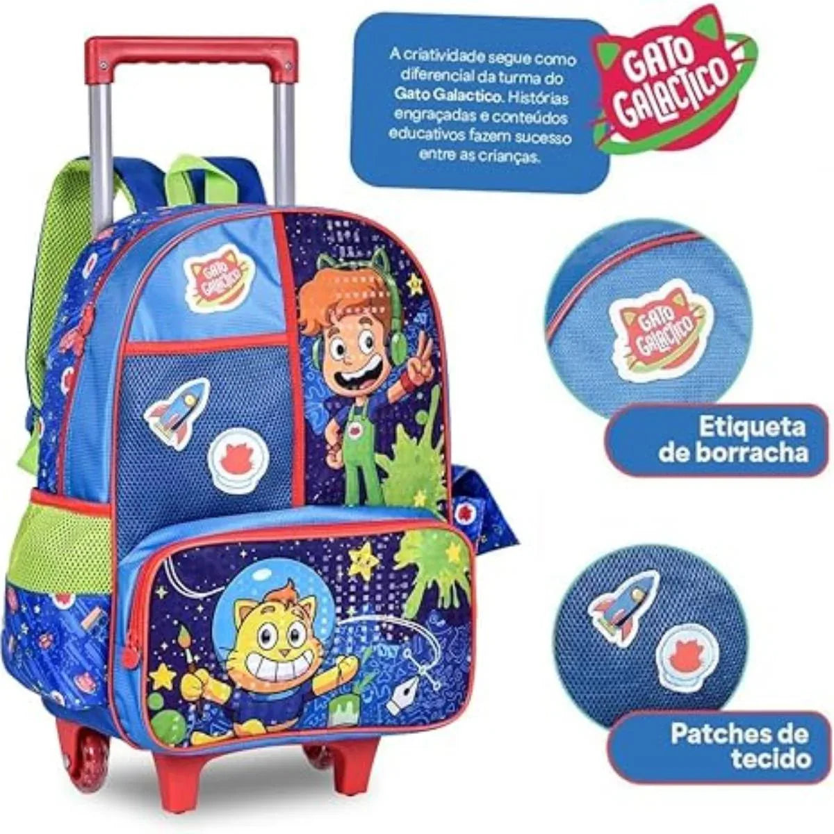 Kit Mochila de Rodinhas Estojo e Lancheira Gato Galactico - Loja Do Thor