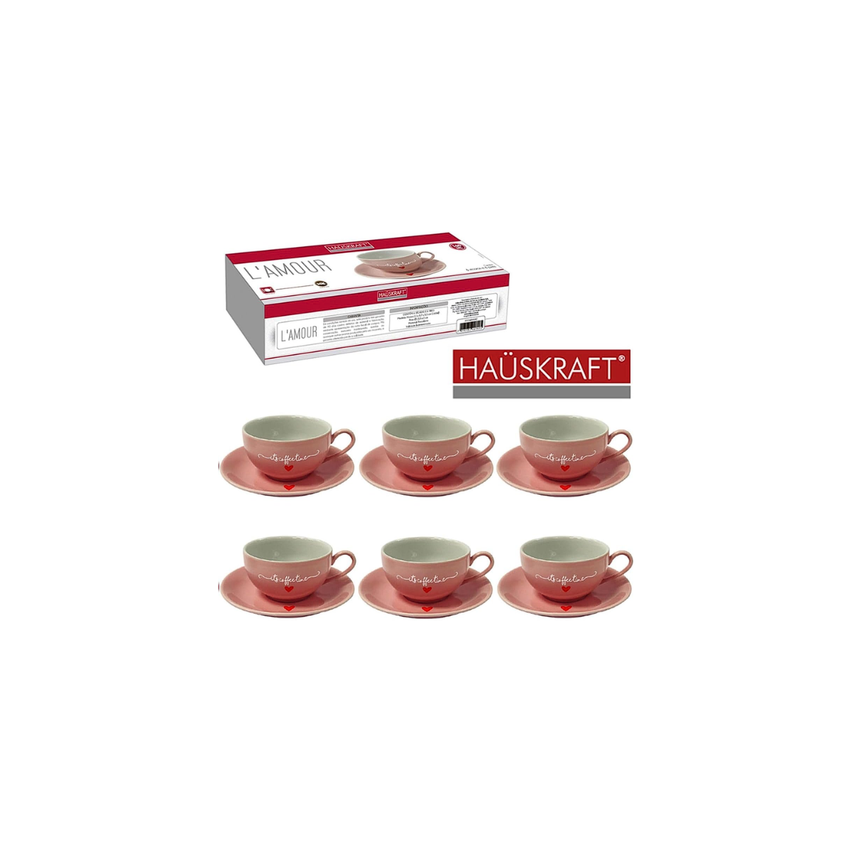 Jogo 6 Xicaras De Cha Cafe Rosa Coracao Hauskraft 160Ml