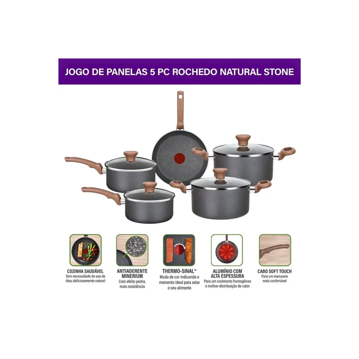 Jogo de Panelas Rochedo Natural Stone Minerium 5 Pecas